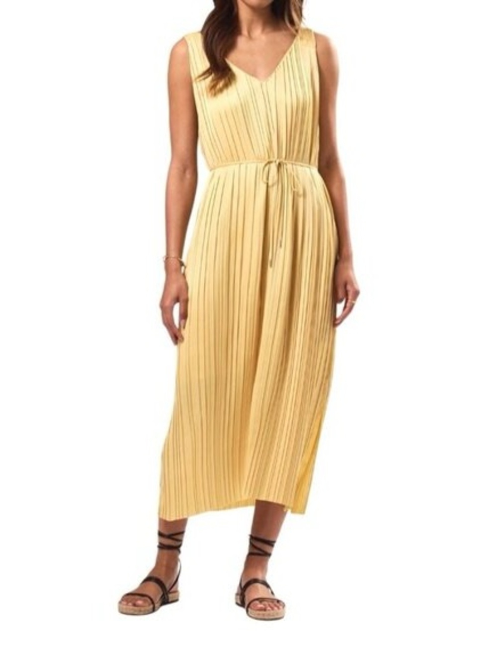 Amour Vert Pleated V-Neck Midi Dress in Pale Yellow